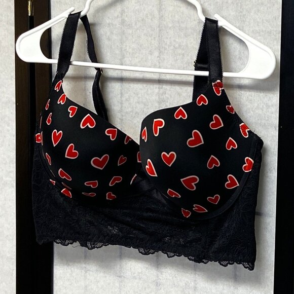 Daisy Fuentes Lace Long Line Hearts on Black Padded Underwire Bra Black Red 38DD - Picture 3 of 13